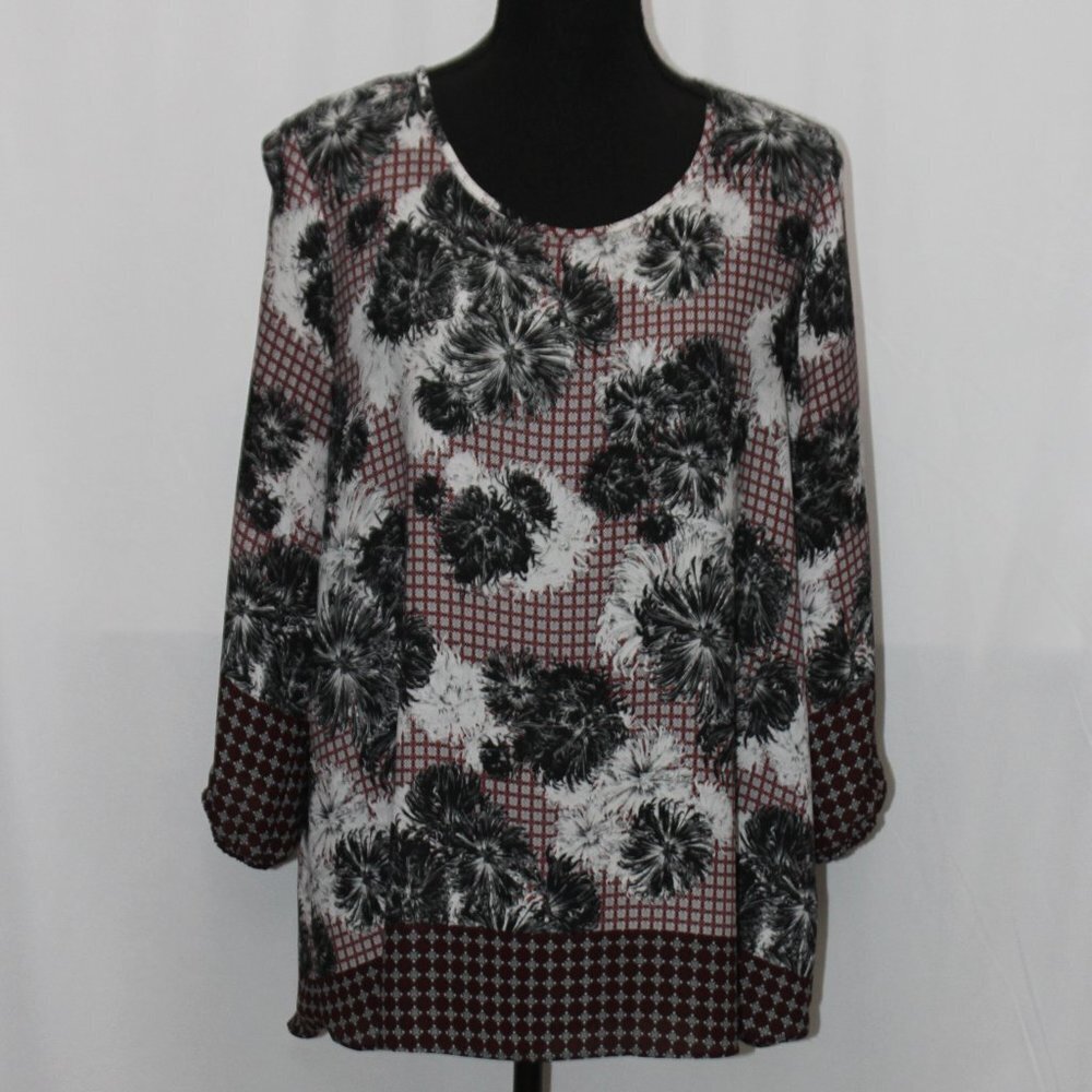 CATO Peek-a-Boo Sleeve Black & White Floral Blouse